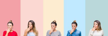 Renkli vintage genç güzel kadın kolaj izole arka plan ağız el ile kapsayan yorgun esneme sıkılmış çizgili. Restless ve uyku hali.