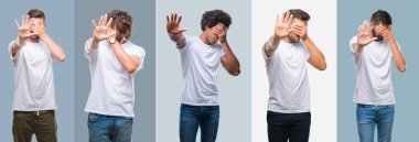 Hint ve Arap erkekler elleriyle gözlerini kapsayan antika arka plan üzerinde yakışıklı İspanyol, gurup kolaj ve stop jest ile acı ve korku ifadesi. Utandım ve negatif kavramı.