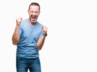 Gülümseyen ve başarı için çığlık orta yaş ağarmış üst düzey adam izole arka plan çok mutlu ve heyecanlı kaldırdı, silah ile kazanan jest yapıyor. Kutlama kavramı.