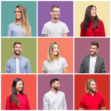 Kolaj grup insanlar, kadın ve erkek üzerinde renkli arka plan uzak tarafına gülümseme ile yüzünde, doğal ifade arıyorum izole. Kendine güvenen gülüyor.