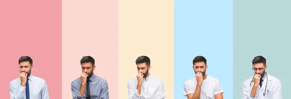 Colagem Homem Bonito Sobre Listras Coloridas Fundo Isolado Olhando Estressado — Fotografia de Stock