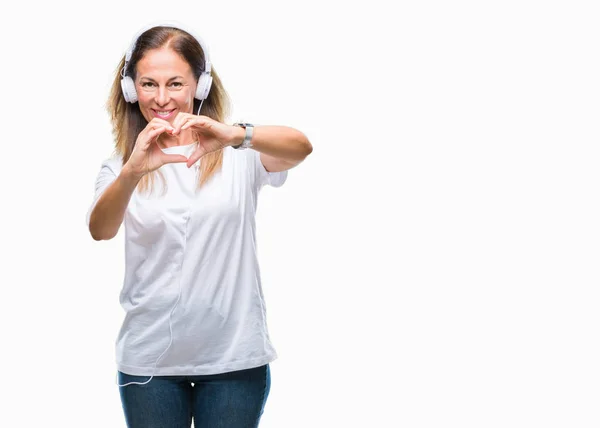 Hispanische Frau Mittleren Alters Hört Musik Und Trägt Kopfhörer Über — Stockfoto