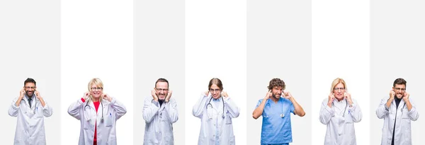 Collage Medici Professionisti Strisce Isolate Che Coprono Orecchie Con Dita — Foto Stock