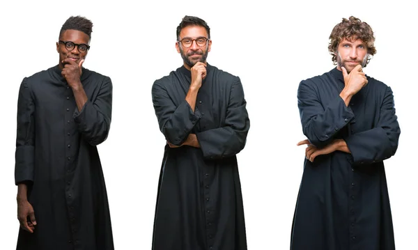 Collage of christian priest men over isolated background looking confident at the camera with smile with crossed arms and hand raised on chin. Thinking positive.