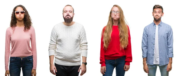 Collage Grupp Ungdomar Över Vit Isolerade Bakgrund Pustande Kinder Med — Stockfoto