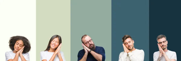 Collage Van Groep Jongeren Kleurrijke Geïsoleerde Achtergrond Slapen Moe Dromen — Stockfoto