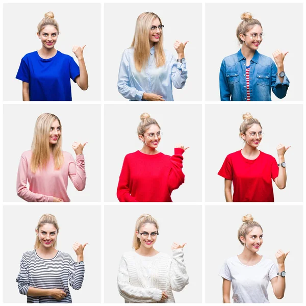 Collage Van Jonge Mooie Blonde Vrouw Witte Geïsoleerde Achtergrond Glimlachend — Stockfoto