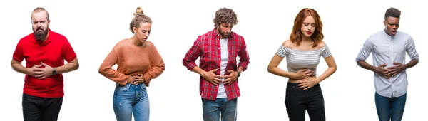 组年轻人的拼贴过五颜六色的孤立背景与手在胃部由于消化不良 痛苦的疾病感觉不适 Ache — 图库照片
