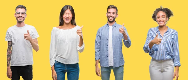 Collage Von Gruppenmenschen Frauen Und Männern Vor Farbenfrohem Gelbem Hintergrund — Stockfoto