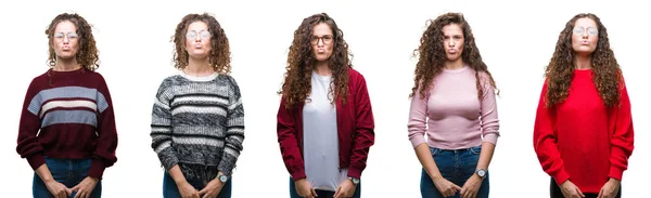 Collage Aus Jungen Brünetten Lockigen Haaren Mädchen Über Isoliertem Hintergrund — Stockfoto