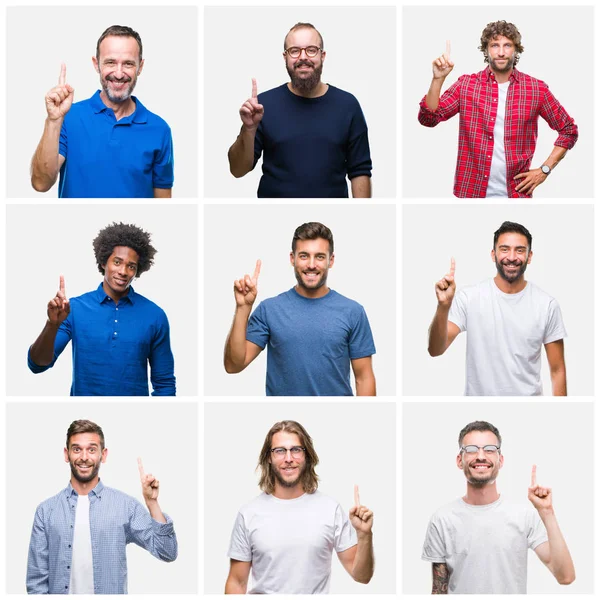 一群男人在白色查出的背景显示和指向与手指第一 同时微笑自信和快乐 — 图库照片