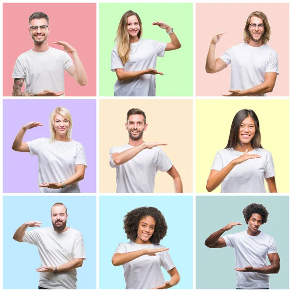 Collage Persone Gruppo Donne Uomini Sfondo Colorato Isolato Gesticolando Con — Foto Stock