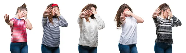 Collage Jeune Fille Brune Cheveux Bouclés Sur Fond Isolé Couvrant — Photo