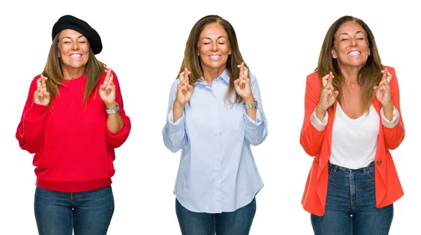 Collage Van Mooie Middelbare Leeftijd Vrouw Witte Geïsoleerde Achtergrond Glimlachend — Stockfoto