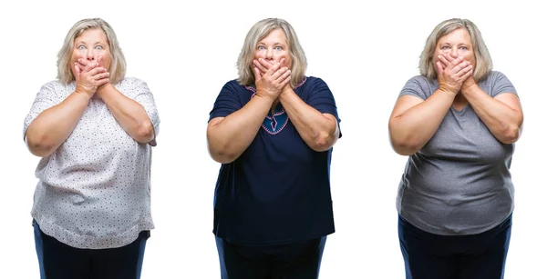 Collage Senior Fet Kvinna Över Isolerade Bakgrund Chockad Som Täcker — Stockfoto