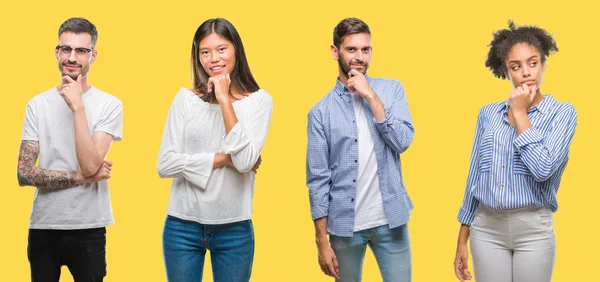 Collage Aus Gruppenmenschen Frauen Und Männern Vor Buntem Gelbem Hintergrund — Stockfoto