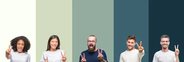 Collage Grupo Jóvenes Sobre Colorido Fondo Aislado Sonriendo Mirando Cámara — Foto de Stock
