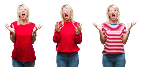 Collage Der Schönen Blonden Frau Lässigem Rot Vor Isoliertem Hintergrund — Stockfoto