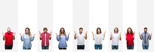 Collage Diferentes Etnias Jóvenes Sobre Rayas Blancas Fondo Aislado Celebrando — Foto de Stock