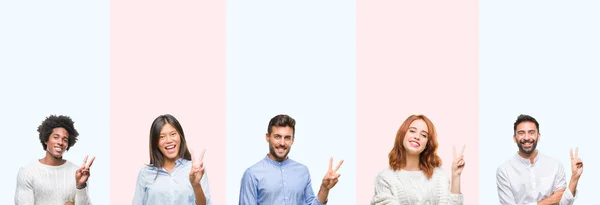 Collage Gruppo Giovani Sfondo Colorato Isolato Sorridente Con Volto Felice — Foto Stock