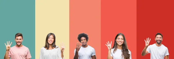 Collage Diferentes Etnias Jóvenes Sobre Rayas Coloridas Fondo Aislado Mostrando — Foto de Stock