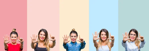 Collage Joven Hermosa Mujer Sobre Rayas Colores Fondo Aislado Mostrando —  Fotos de Stock