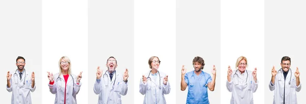 Collage Médicos Profesionales Sobre Rayas Aisladas Sonriendo Cruzando Los Dedos —  Fotos de Stock
