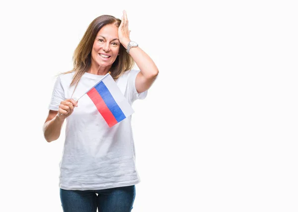 Μέση Ηλικία Ισπανόφωνος Γυναίκα Εκμετάλλευση Σημαία Της Ρωσίας Πέρα Από — Φωτογραφία Αρχείου