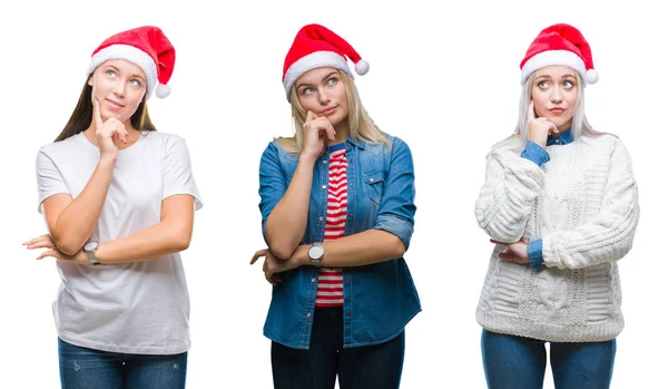 Collage Einer Gruppe Junger Frauen Mit Weihnachtsmütze Vor Isoliertem Hintergrund — Stockfoto