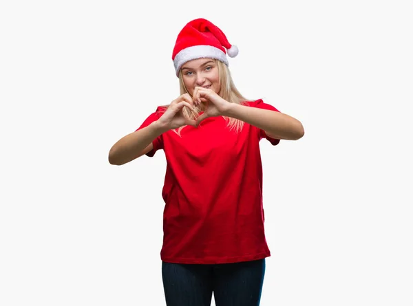 Jonge Kaukasische Vrouw Kerstmuts Dragen Geïsoleerde Achtergrond Glimlachend Liefde Met — Stockfoto