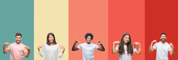 Collage Diferentes Etnias Jóvenes Sobre Rayas Coloridas Fondo Aislado Buscando —  Fotos de Stock