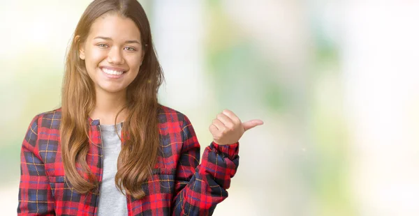 Young Beautiful Brunette Woman Wearing Jacket Isolated Background Smiling Happy — Stock Photo, Image