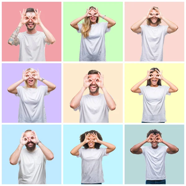 Collage Von Gruppenmenschen Frauen Und Männern Vor Buntem Isoliertem Hintergrund — Stockfoto