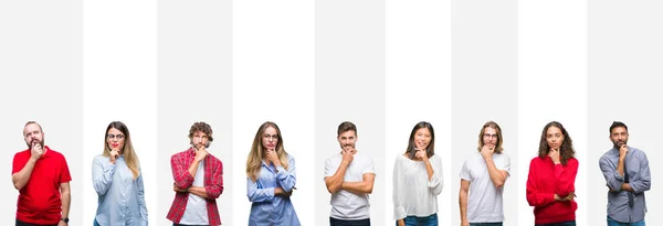 Colagem Diferentes Etnias Jovens Sobre Listras Brancas Fundo Isolado Olhando — Fotografia de Stock