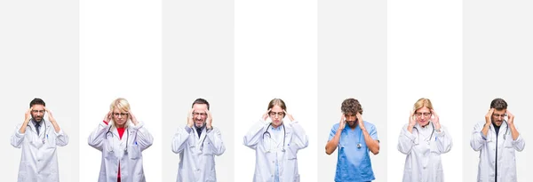 Collage Professional Doctors Stripes Isolated Background Hand Head Pain Head — Stock Photo, Image