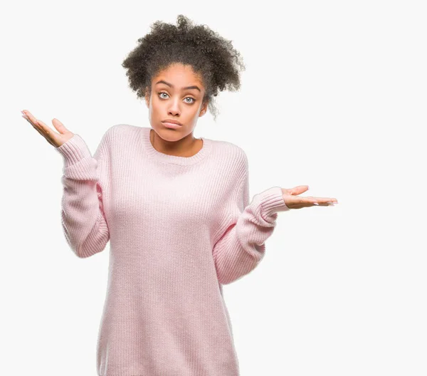 Young Afro American Woman Wearing Winter Sweater Isolated Background Clueless — Stock Photo, Image