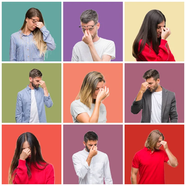 Collage Personas Grupo Mujeres Hombres Sobre Colorido Fondo Aislado Cansado — Foto de Stock