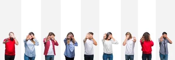 Collage Diferentes Etnias Jóvenes Sobre Rayas Blancas Aislado Fondo Cubriendo — Foto de Stock