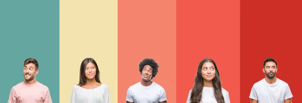 Collage Different Ethnics Young People Colorful Stripes Isolated Background Smiling — Stock Photo, Image