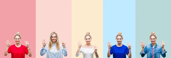 Collage Van Mooie Blonde Vrouw Kleurrijke Strepen Geïsoleerde Achtergrond Weergeven — Stockfoto