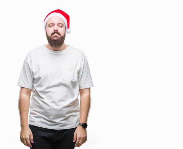 Joven Hipster Caucásico Con Sombrero Navidad Sobre Fondo Aislado Con — Foto de Stock
