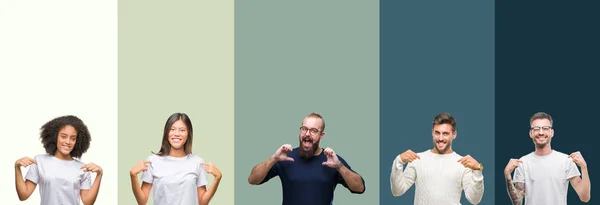 Collage Van Groep Jongeren Kleurrijke Geïsoleerde Achtergrond Zoek Vertrouwen Met — Stockfoto