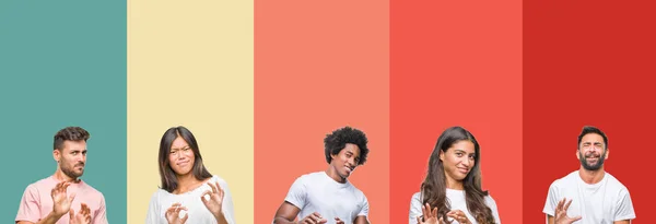 Collage Olika Etnisk Ungdomar Över Färgglada Ränder Isolerade Bakgrund Äcklade — Stockfoto