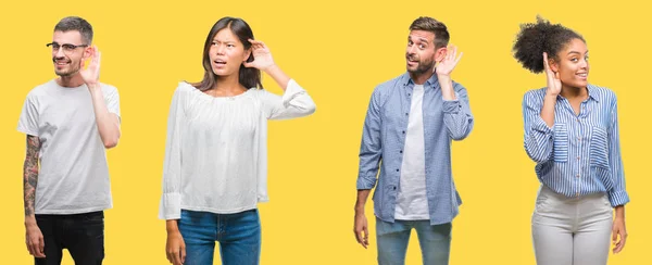 噂やゴシップに審理をリスニングの耳に手を浮かべて分離背景がカラフルな黄色以上の男性 女性グループの人々 のコラージュ 難聴の概念 — ストック写真
