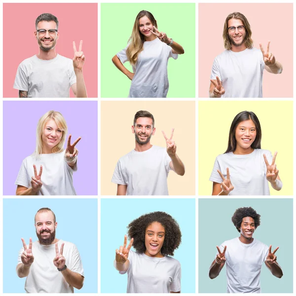 Collage Persone Gruppo Donne Uomini Sfondo Colorato Isolato Sorridente Guardando — Foto Stock