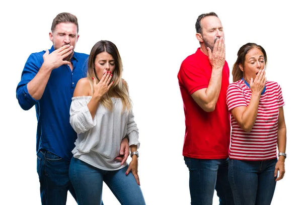 Collage Pareja Joven Madura Enamorada Sobre Fondo Aislado Aburrido Bostezo — Foto de Stock