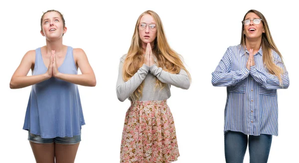 Collage Van Groep Blonde Vrouwen Geïsoleerde Achtergrond Bedelen Bidden Met — Stockfoto