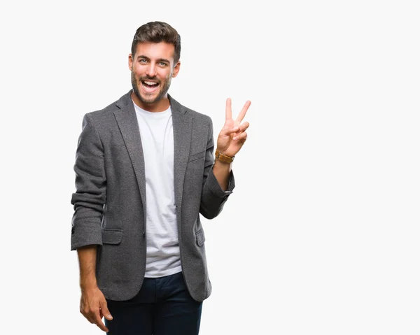 Jovem Homem Negócios Bonito Sobre Fundo Isolado Sorrindo Com Rosto — Fotografia de Stock