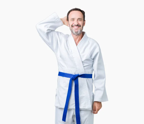 Schöner Älterer Mann Mittleren Alters Der Kimono Uniform Über Isoliertem — Stockfoto
