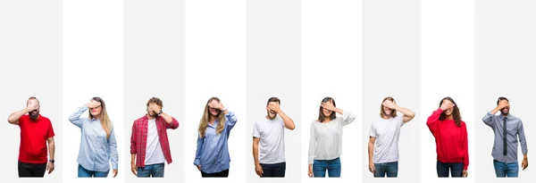 Collage Diferentes Etnias Jóvenes Sobre Rayas Blancas Fondo Aislado Sonriendo — Foto de Stock